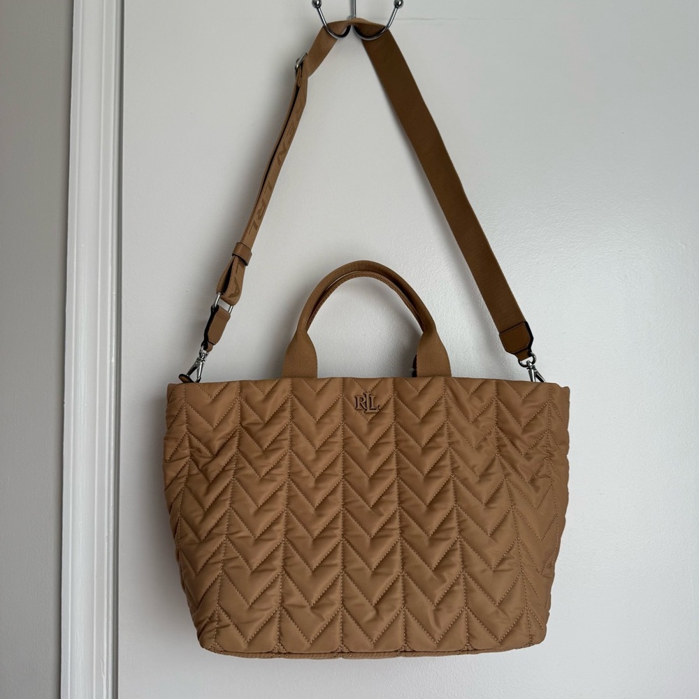 Lauren Ralph Lauren Quilted Tote Bag Brown Nylon Shoulder Crossbody NWT